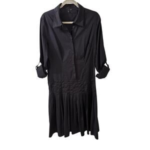 T Tahari Drop Pleated Waist Roll Sleeve Cotton Button Front Shirt Dress, Navy, S